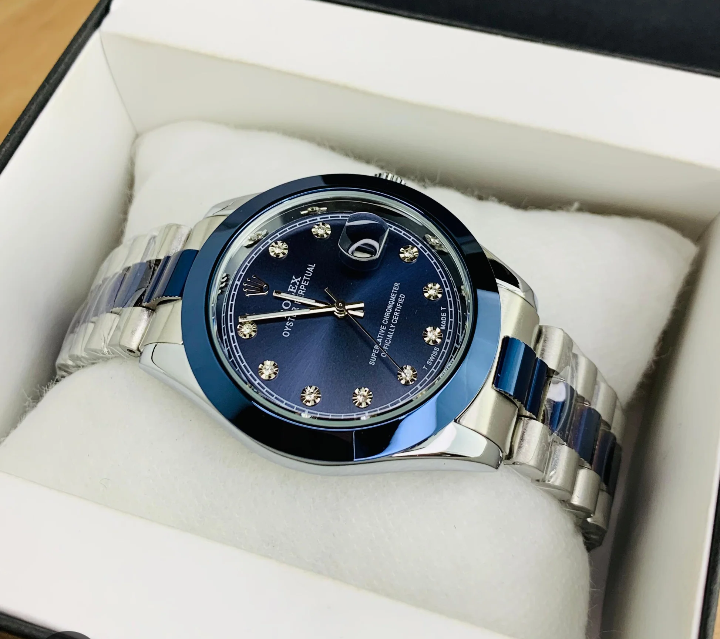 First Copy Rolex Oyster Perpetual Style Watch - Blue Dial & Silver Bracelet"
