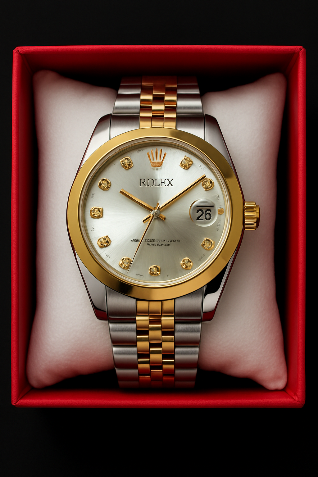 "Rolex 1st Copy Luxury Men’s Watch – Two-Tone Stainless Steel with Diamond Markers & Date Display"