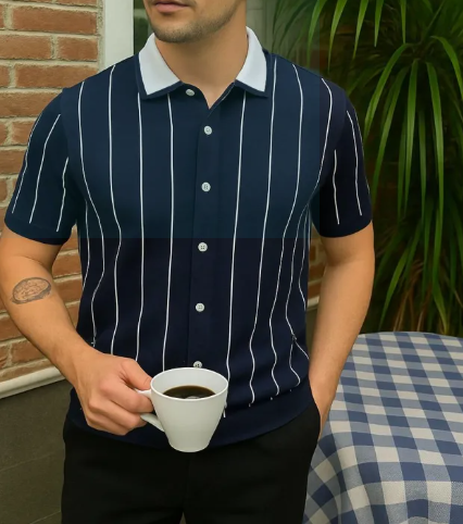 Men’s Navy Blue Striped Short-Sleeve Button-Up Shirt