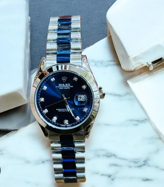 First Copy Rolex Oyster Perpetual Style Watch - Blue Dial & Silver Bracelet"