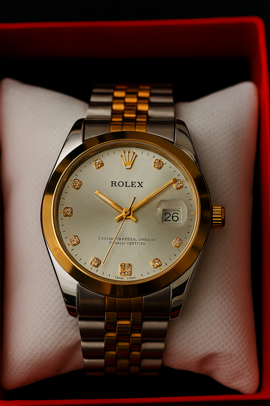 "Rolex 1st Copy Luxury Men’s Watch – Two-Tone Stainless Steel with Diamond Markers & Date Display"